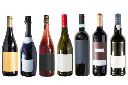 Collection of wine and champagne bottles on white backgroundの写真素材