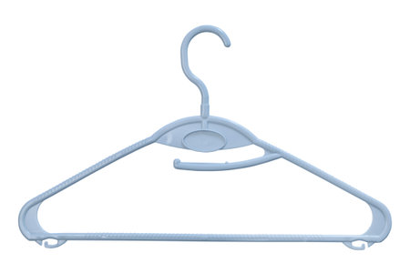Blue plastic empty hanger isolated over whiteの写真素材