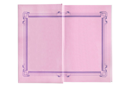 Pink empty book spread isolated over white