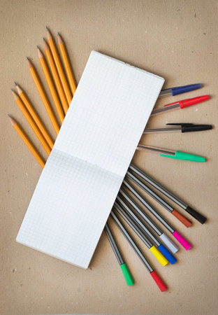 Grafite pencils and colorful pens with blank lined notepad on cardboard background