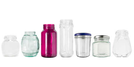 Empty clean glass jars isolated on white backgroundの写真素材