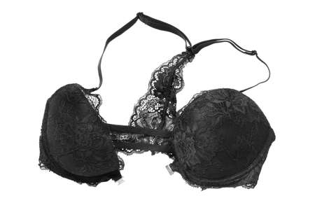 Unfastened black lingerie bra isolated on white backgroundの写真素材