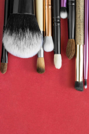 Collection of synthetic makeup brushes on red background