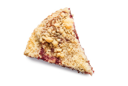 Piece of crumble berry cake isolated on white backgroundの写真素材