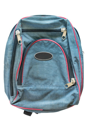 Blue fabric sport backpack isolated on white backgroundの写真素材