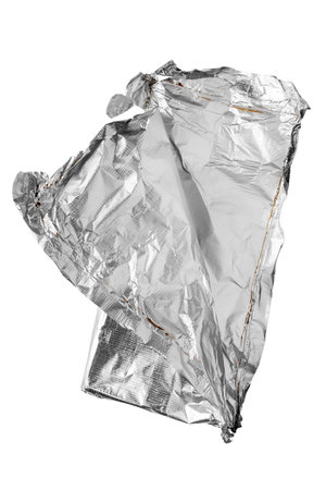 Crumpled foil chocolate wrapper isolated on white backgroundの写真素材