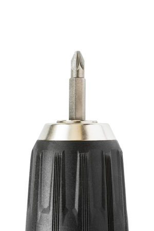 Steel screwdriver bit attachment closeup isolated over whiteの写真素材