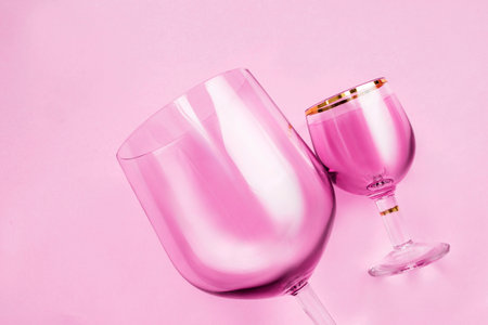 Large and small pink wineglasses on pink studio backgroundの写真素材