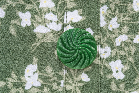 Green plastic clothes button sewn on green fabric closeupの写真素材