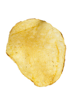 One salt potato chip isolated on white backgroundの写真素材