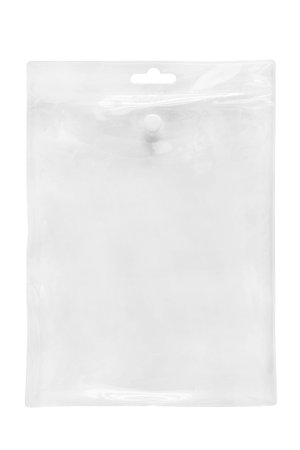 Blank transparent plastic packet isolated on white backgroundの写真素材