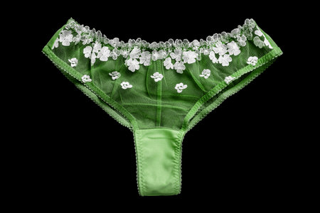 Green fishnet embroidered lingerie panties isolated on black background