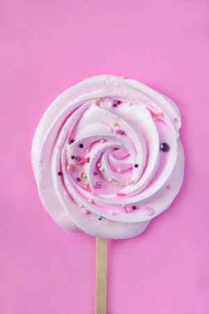 Sweet marshmallow candy on a stick on pink studio backgroundの写真素材