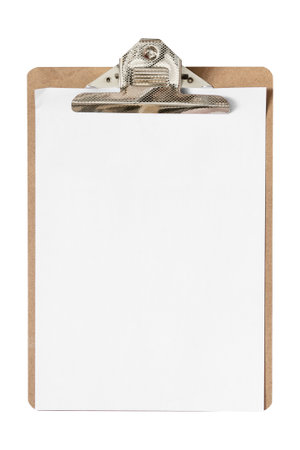 Clip board with white blank paper sheet isolated on white backgroundの写真素材
