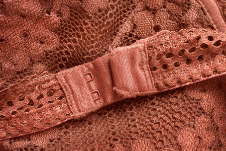 Bra clasp hooks fastener on brown lace fabric closeup as a background