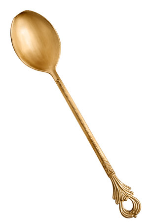 Vintage golden teaspoon isolated on white backgroundの写真素材
