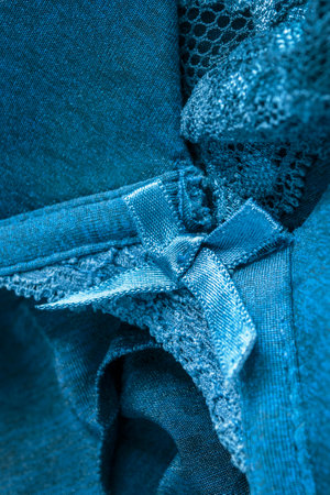 Small satin bow on blue lingerie brassiere closeup as a backgroundの写真素材