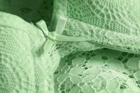 Pastel green lingerie bra small tied bow closeup as a backgroundの写真素材