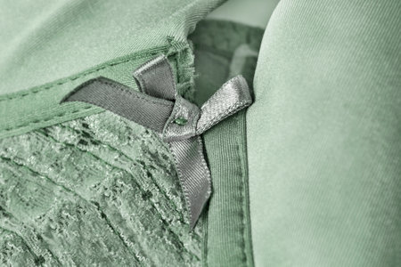 Silk tied bow on khaki green brassiere closeupの写真素材