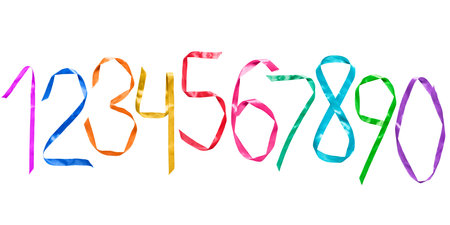 Colorful ribbons folded in the shapes of numerals 0-9 isolated over white