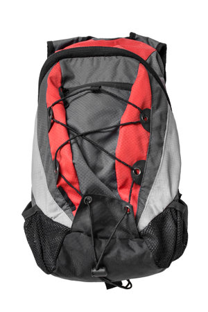 Travel gray fabric backpack isolated on white backgroundの写真素材