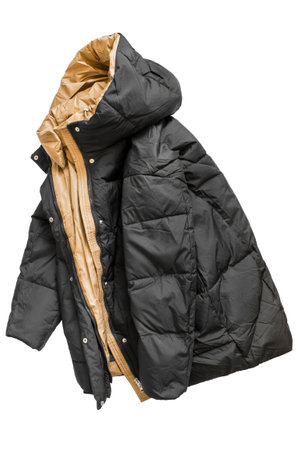 Black and yellow puffer jacket isolated on white backgroundの写真素材