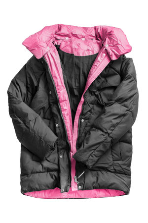 Black and pink oversized puffer jacket isolated on white background