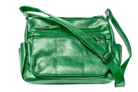 Green leather elegant shoulder bag isolated on white backgroundの写真素材