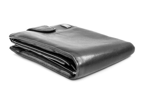 Black leather old wallet isolated on white backgroundの写真素材