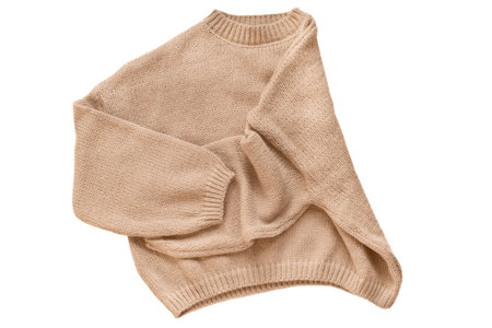 Beige wool oversize basic sweater isolated on white backgroundの写真素材