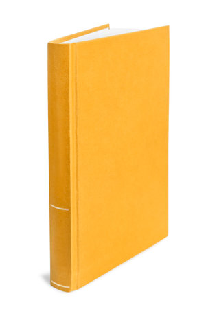 Book with blank yellow cover standing on white backgroundの写真素材