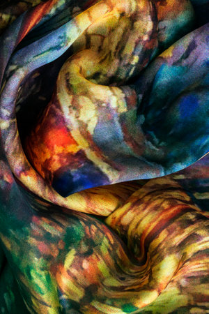 Abstract colorful draped silk fabric closeup as a backgroundの写真素材