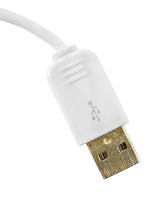 White usb plug cable closeup isolated on white background