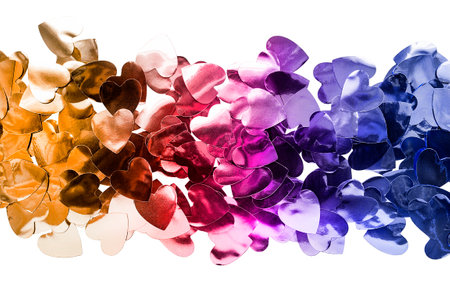 Colorful metallic heart shaped confetti isolated over whiteの写真素材