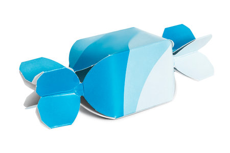 Blue paper candy shaped box isolated on white backgroundの写真素材