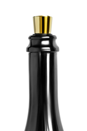 Wine bottle neck with golden stopper closeup isolated over whiteの写真素材