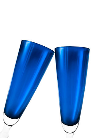 Two clinking vintage blue wineglasses closeup isolated over whiteの写真素材