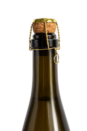 Champagne bottle neck with cork stopper closeup isolated over whiteの写真素材