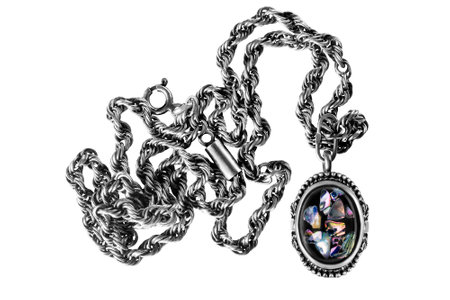 Vintage beautiful nacre locket silver necklace isolated on white backgroundの写真素材