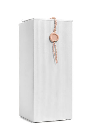 Sealed white paper box isolated on white backgroundの写真素材