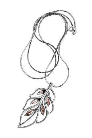 Elegant vintage silver leaf shaped pendant necklace isolated on white backgroundの写真素材