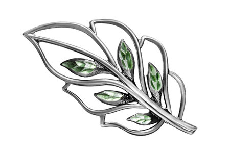 Vintage silver leaf shaped brooch isolated on white backgroundの写真素材