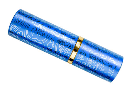 Blue metallic elegant lipstick case isolated on white backgroundの写真素材