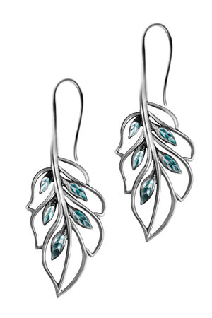 Elegant vintage silver leaf shaped earrings isolated on white backgroundの写真素材