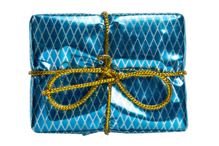 Blue metallic paper wrapped gift box isolated on white backgroundの写真素材