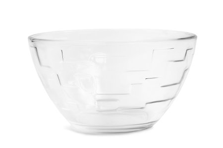 Empty glass kitchen bowl isolated on white backgroundの写真素材