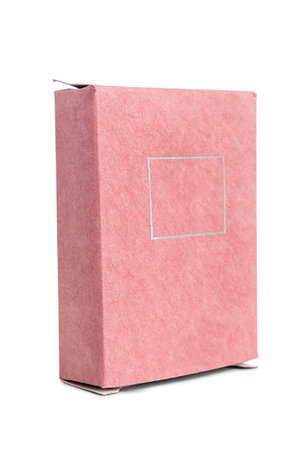 Blank pink paper packaging box isolated on white backgroundの写真素材