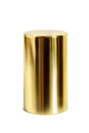 Blank golden metallic cylinder standing isolated on white backgroundの写真素材