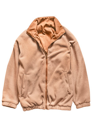 Beige teddy fabric oversize jacket isolated on white backgroundの写真素材