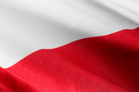 National Polish flag draped fabric closeup as a backgroundの写真素材
